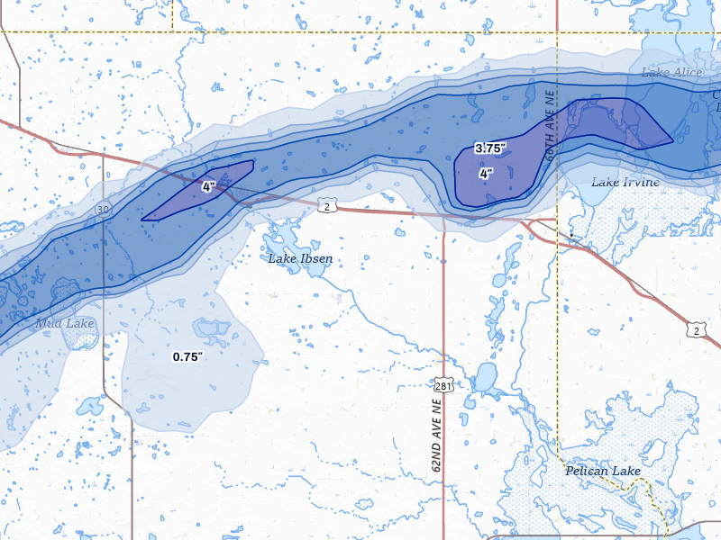 NEXRAD radar-signature map of the hail storm over Leeds, ND on Jun 28, 2026
