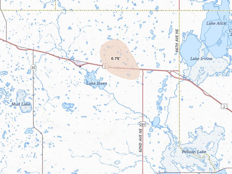 Radar-estimated hail-size map of the storm over Leeds, ND on Jul 4, 2026