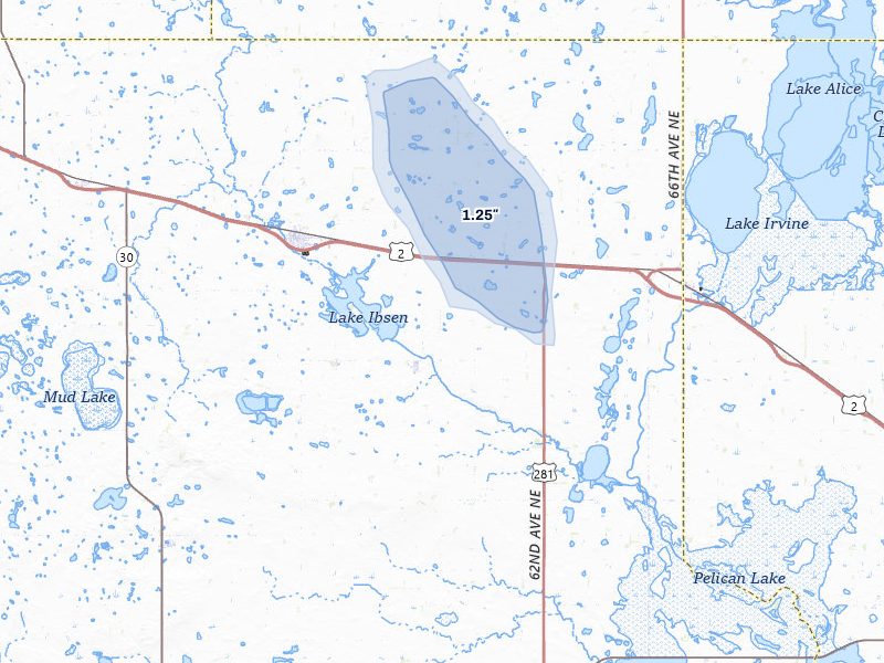 NEXRAD radar-signature map of the hail over Leeds, ND