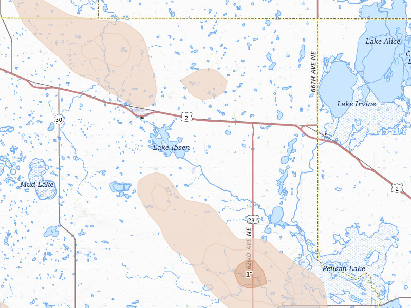 Radar-estimated hail-size map of the storm over Leeds, ND on Jul 9, 2026