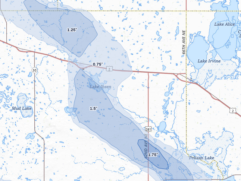 NEXRAD radar-signature map of the hail storm over Leeds, ND on Jul 9, 2026