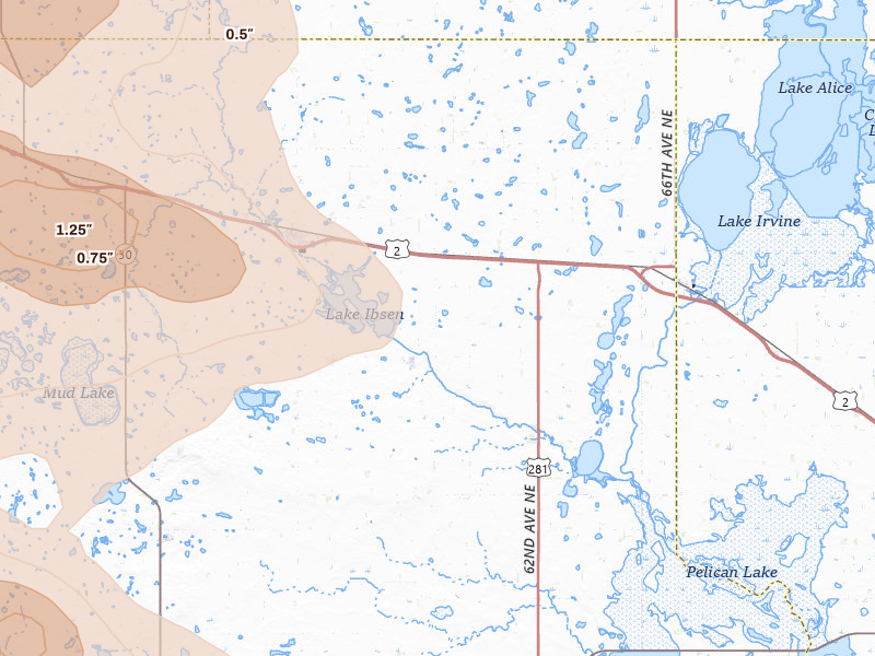 Radar-estimated hail-size map of the storm over Leeds, ND on Jul 16, 2026