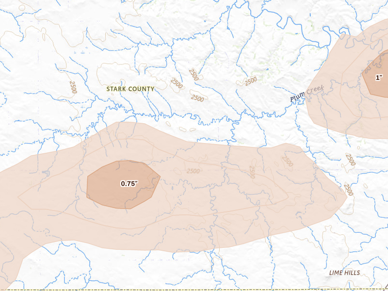 Radar-estimated hail-size map of the storm over Lefor, ND on Aug 10, 2026
