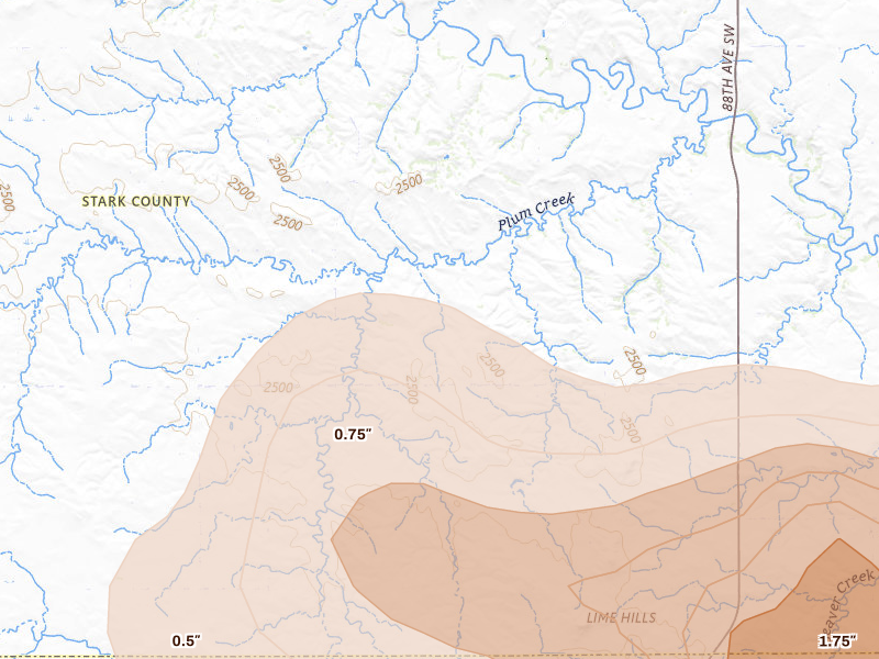 Radar-estimated hail-size map of the storm over Lefor, ND on Aug 30, 2026