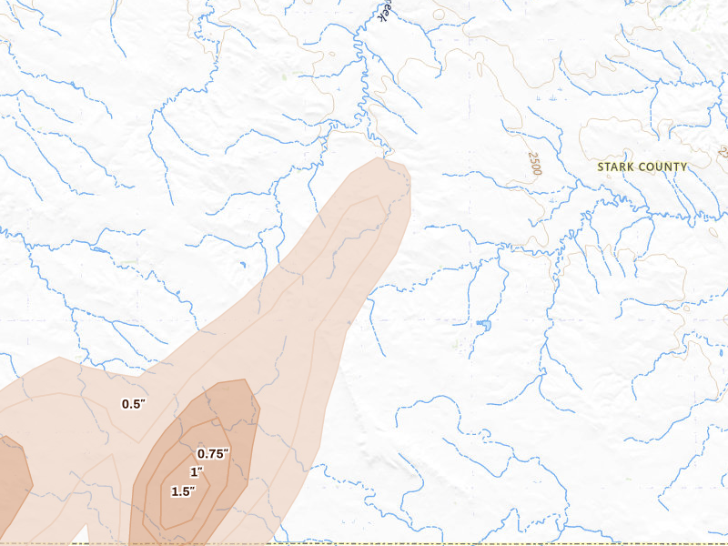Radar-estimated hail-size map of the storm over Lefor, ND on Sep 4, 2026