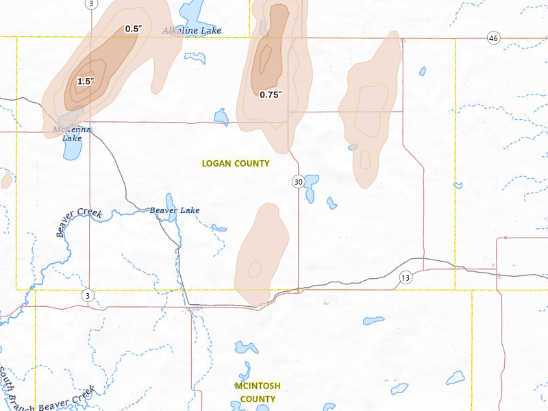 Radar-estimated hail-size map of the storm over Lehr, ND on Jun 2, 2026