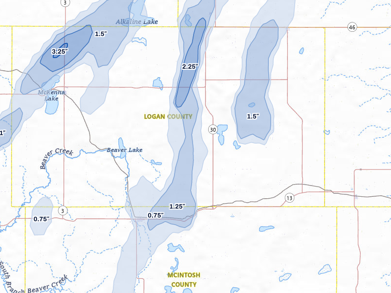 NEXRAD radar-signature map of the hail over Lehr, ND