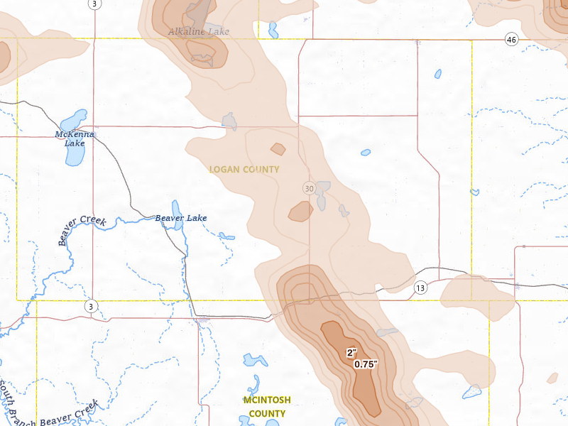 Radar-estimated hail-size map of the storm over Lehr, ND on Jul 9, 2026