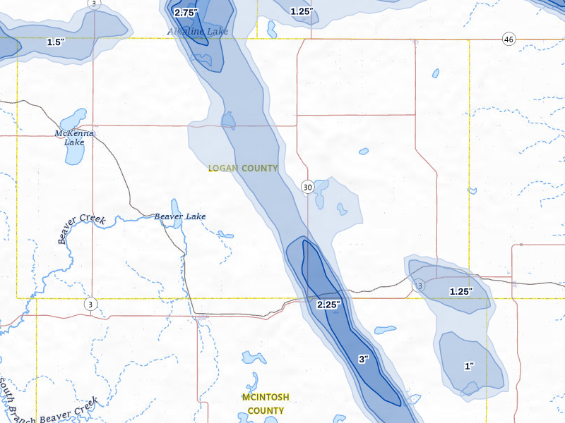 NEXRAD radar-signature map of the hail storm over Lehr, ND on Jul 9, 2026