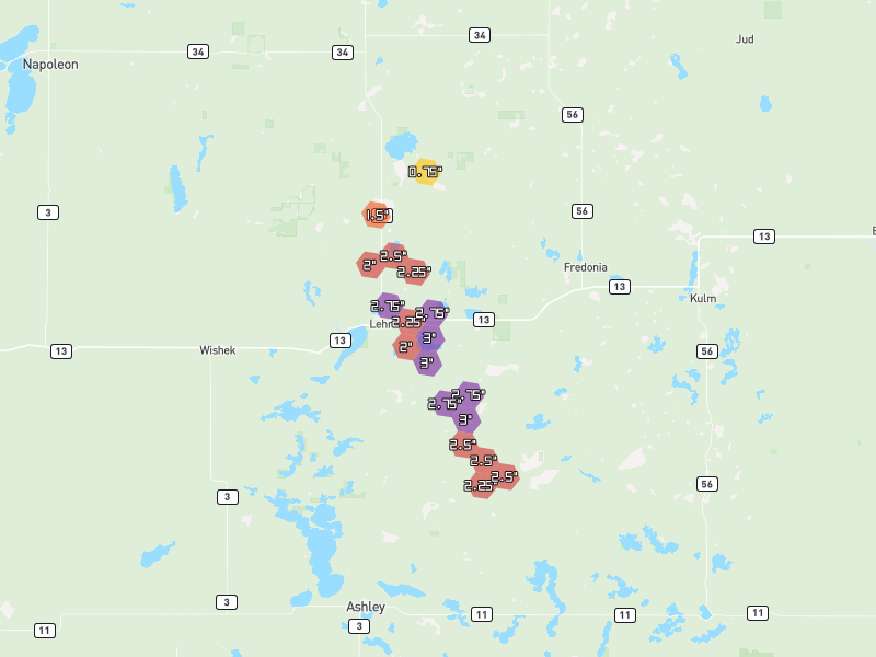 Hail map of Lehr, ND on Jul 10, 2026, hail up to 3"