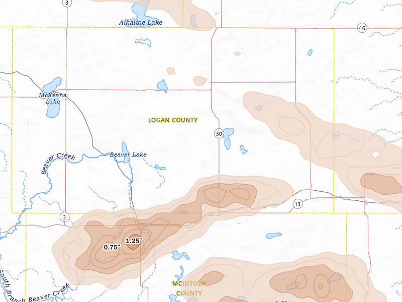 Radar-estimated hail-size map of the storm over Lehr, ND on Jul 19, 2026
