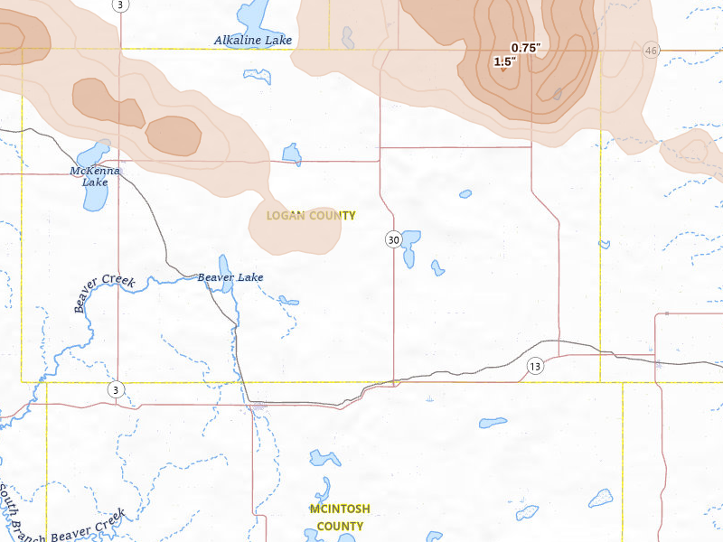 Radar-estimated hail-size map of the storm over Lehr, ND on Jul 24, 2026