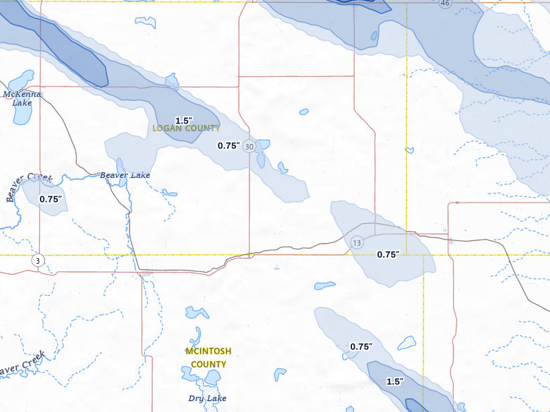 NEXRAD radar-signature map of the hail storm over Lehr, ND on Jul 24, 2026