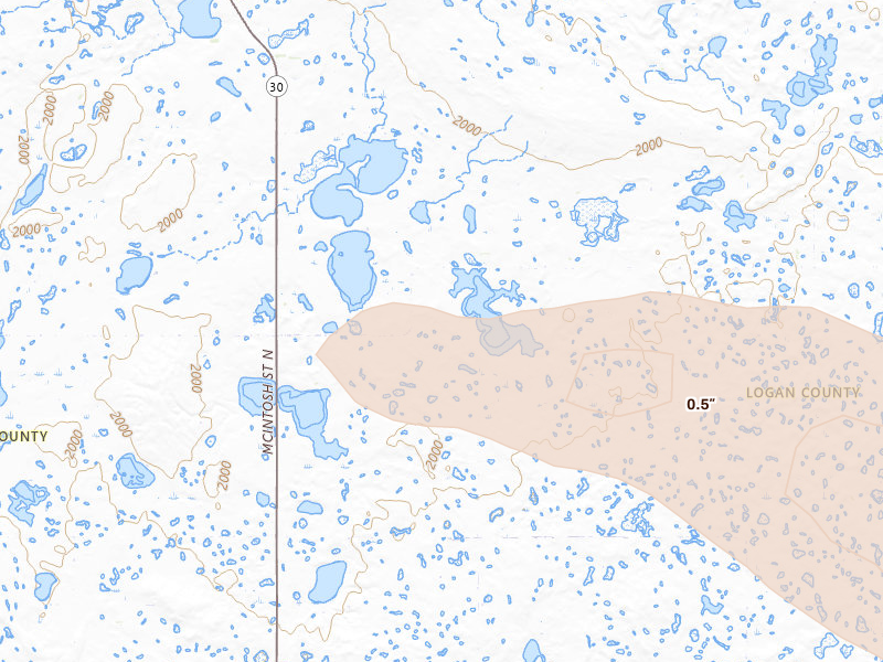 Radar-estimated hail-size map of the storm over Lehr, ND on Aug 11, 2026