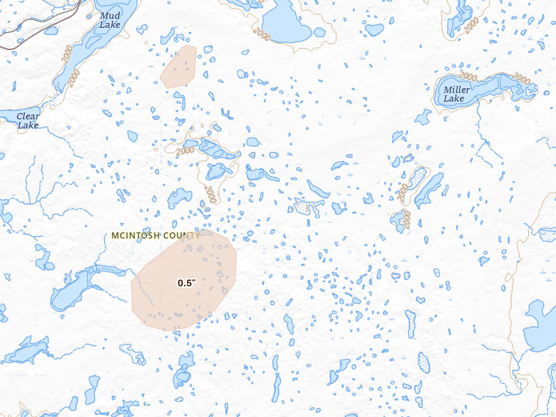 Radar-estimated hail-size map of the storm over Lehr, ND on Aug 12, 2026