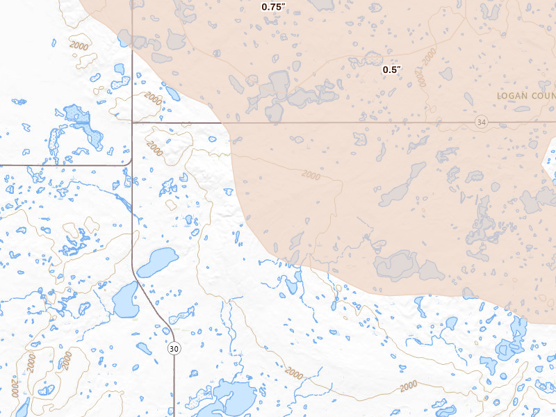 Radar-estimated hail-size map of the storm over Lehr, ND on Aug 24, 2026