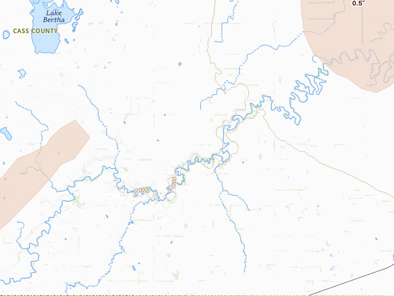 Radar-estimated hail-size map of the storm over Leonard, ND on Jul 30, 2026