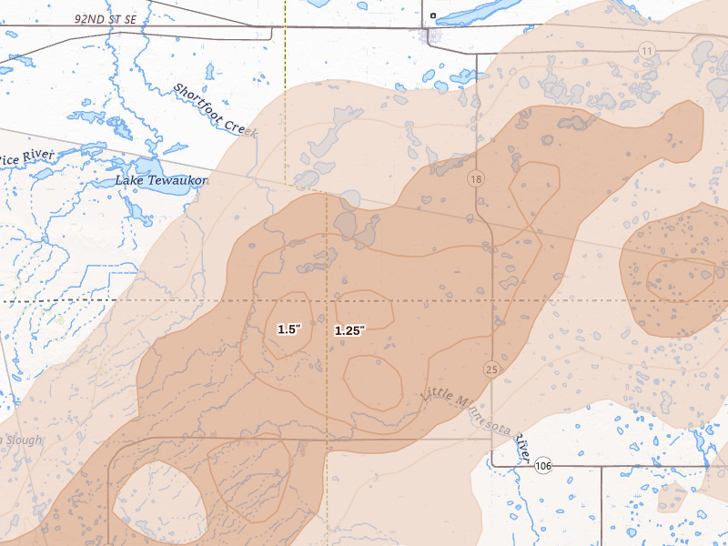 Radar-estimated hail-size map of the storm over Lidgerwood, ND on Jun 29, 2026