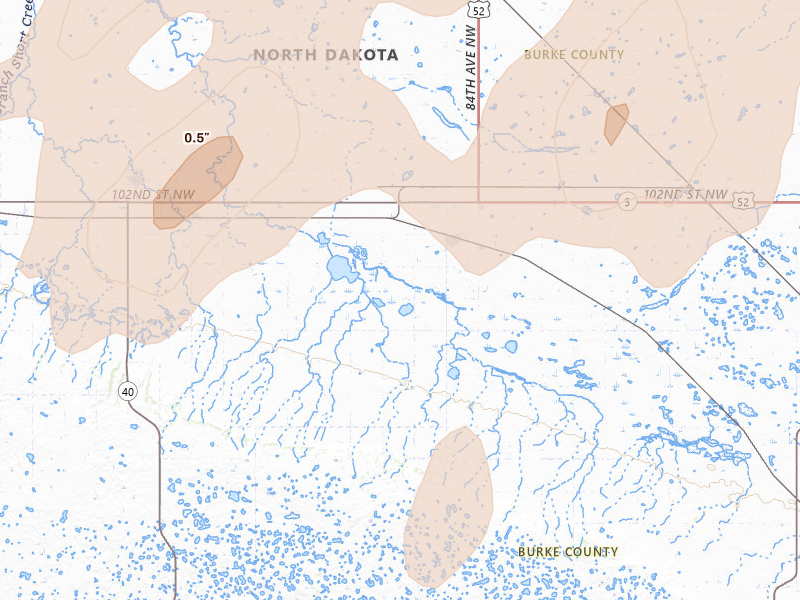 Radar-estimated hail-size map of the storm over Lignite, ND on Aug 30, 2026