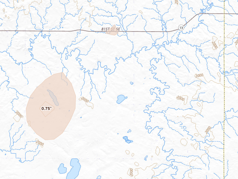Radar-estimated hail-size map of the storm over Linton, ND on Jun 2, 2026