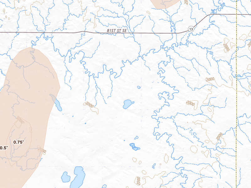 Radar-estimated hail-size map of the storm over Linton, ND on Jun 27, 2026