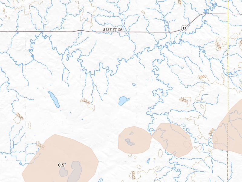 Radar-estimated hail-size map of the storm over Linton, ND on Jul 2, 2026