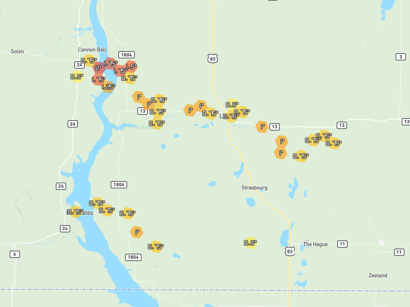 Hail map of Linton, ND on Jul 2, 2026, hail up to 2"