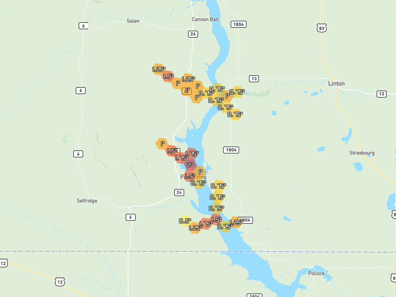 Hail map of Linton, ND on Jul 3, 2026, hail up to 2"