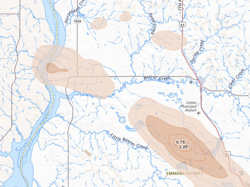 Radar-estimated hail-size map of the storm over Linton, ND on Aug 8, 2026