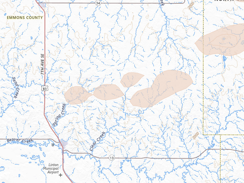 Radar-estimated hail-size map of the storm over Linton, ND on Aug 12, 2026