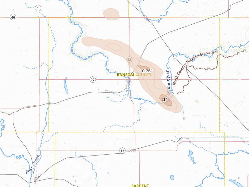 Radar-estimated hail-size map of the storm over Lisbon, ND on Jul 6, 2026