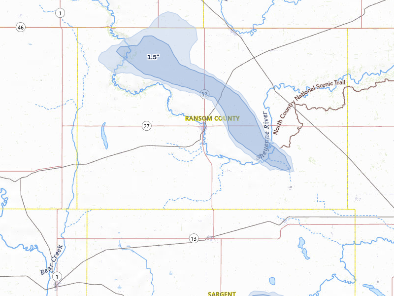 NEXRAD radar-signature map of the hail storm over Lisbon, ND on Jul 6, 2026