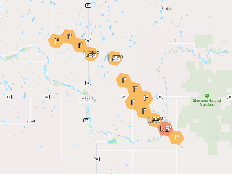 Hail map of Lisbon, ND on Jul 6, 2026, hail up to 1.5"