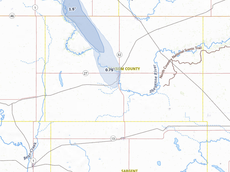 NEXRAD radar-signature map of the hail storm over Lisbon, ND on Jul 9, 2026