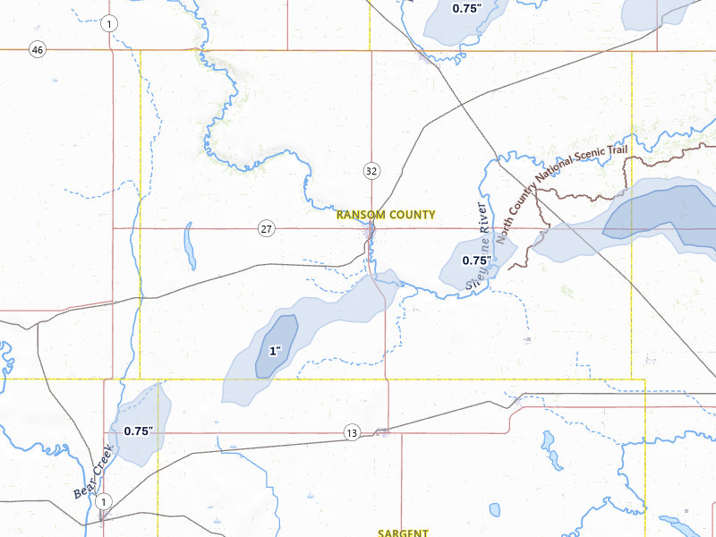 NEXRAD radar-signature map of the hail storm over Lisbon, ND on Jul 30, 2026