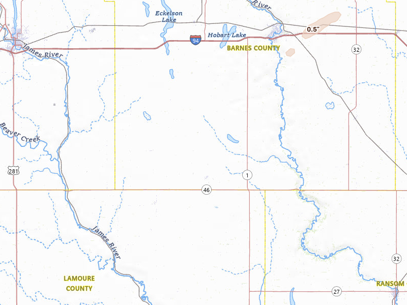 Radar-estimated hail-size map of the storm over Litchville, ND on Jun 3, 2026