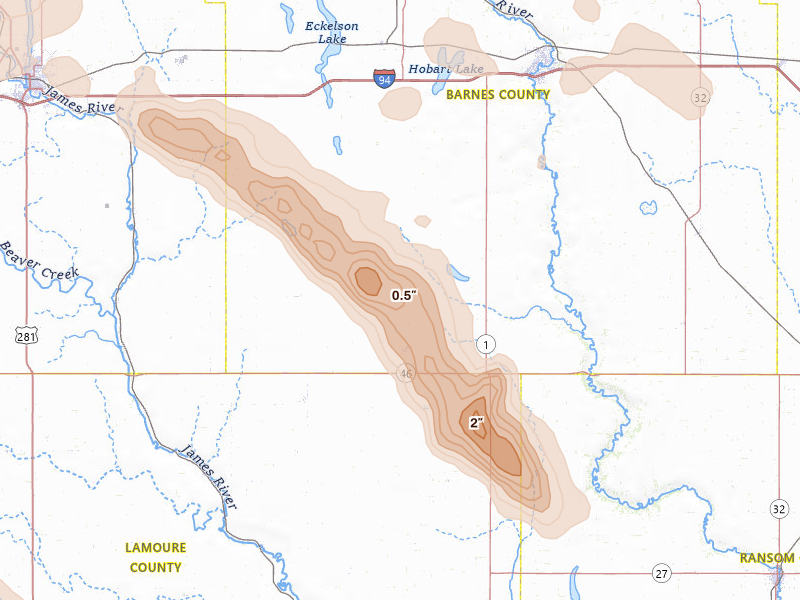 Radar-estimated hail-size map of the storm over Litchville, ND on Aug 11, 2026