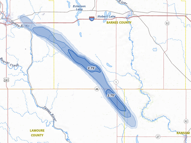 NEXRAD radar-signature map of the hail storm over Litchville, ND on Aug 11, 2026