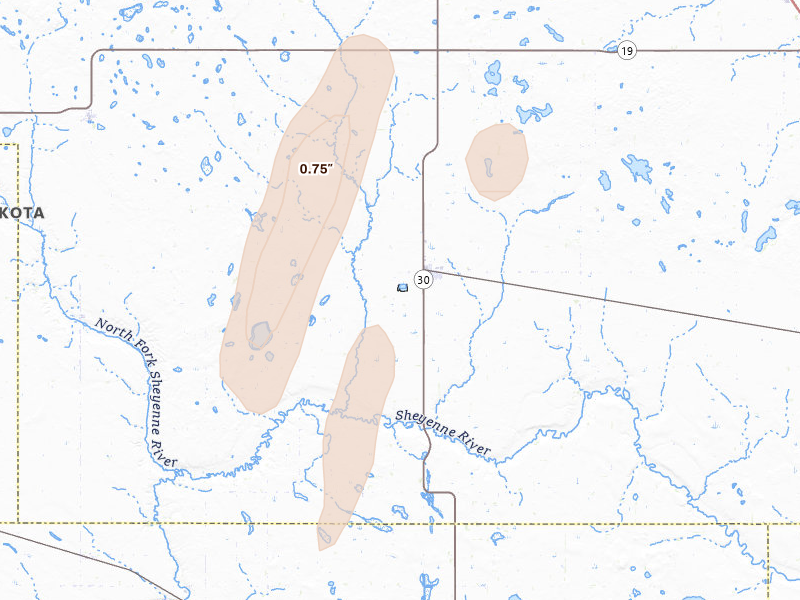 Radar-estimated hail-size map of the storm over Maddock, ND on Jun 2, 2026