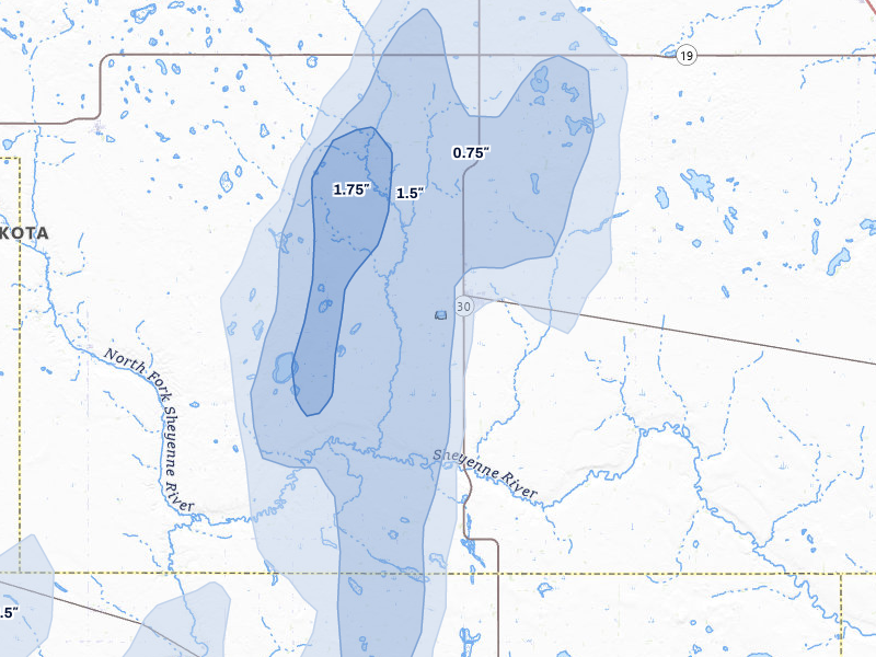 NEXRAD radar-signature map of the hail over Maddock, ND