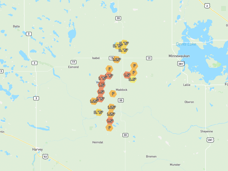 Hail map of Maddock, ND on Jun 2, 2026, hail up to 1.75"