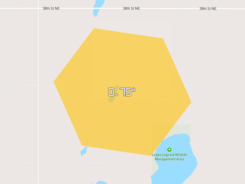 Hail map of Maddock, ND on Jun 3, 2026, hail up to 0.75"