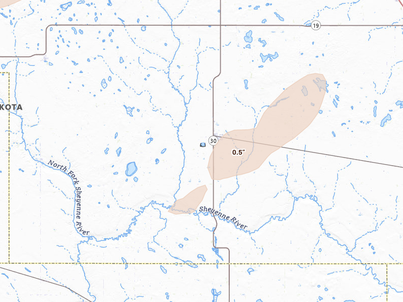 Radar-estimated hail-size map of the storm over Maddock, ND on Jun 28, 2026