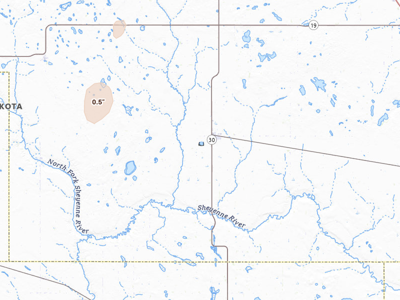 Radar-estimated hail-size map of the storm over Maddock, ND on Jun 29, 2026