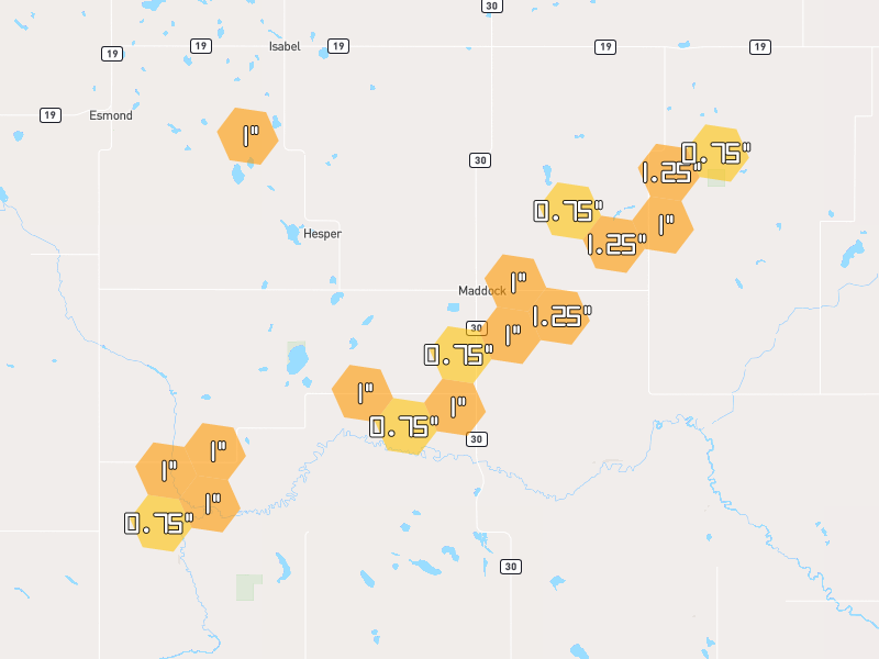 Hail map of Maddock, ND on Jun 29, 2026, hail up to 1.25"