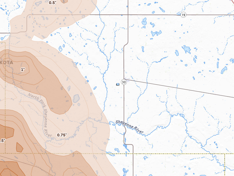 Radar-estimated hail-size map of the storm over Maddock, ND on Jul 9, 2026