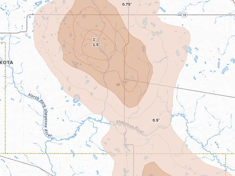 Radar-estimated hail-size map of the storm over Maddock, ND on Jul 16, 2026