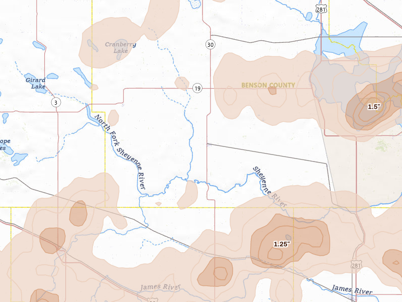 Radar-estimated hail-size map of the storm over Maddock, ND on Sep 3, 2026