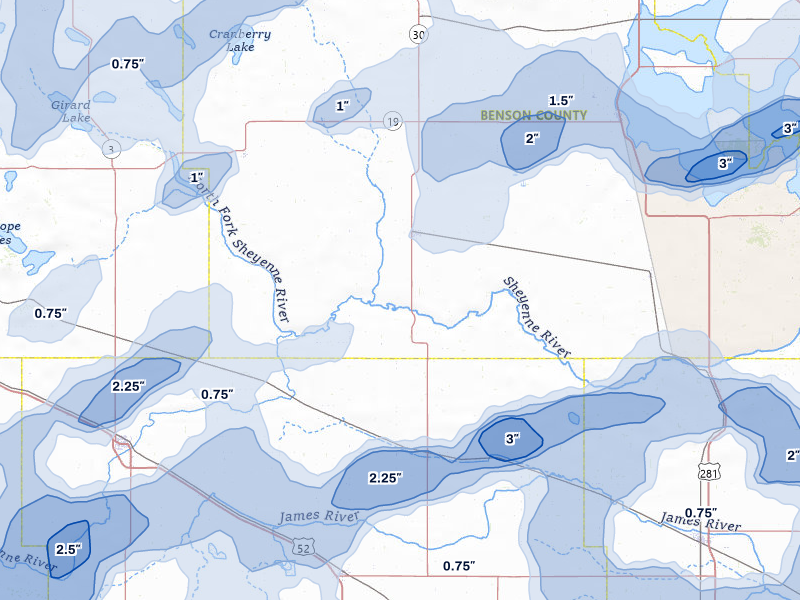 NEXRAD radar-signature map of the hail storm over Maddock, ND on Sep 3, 2026