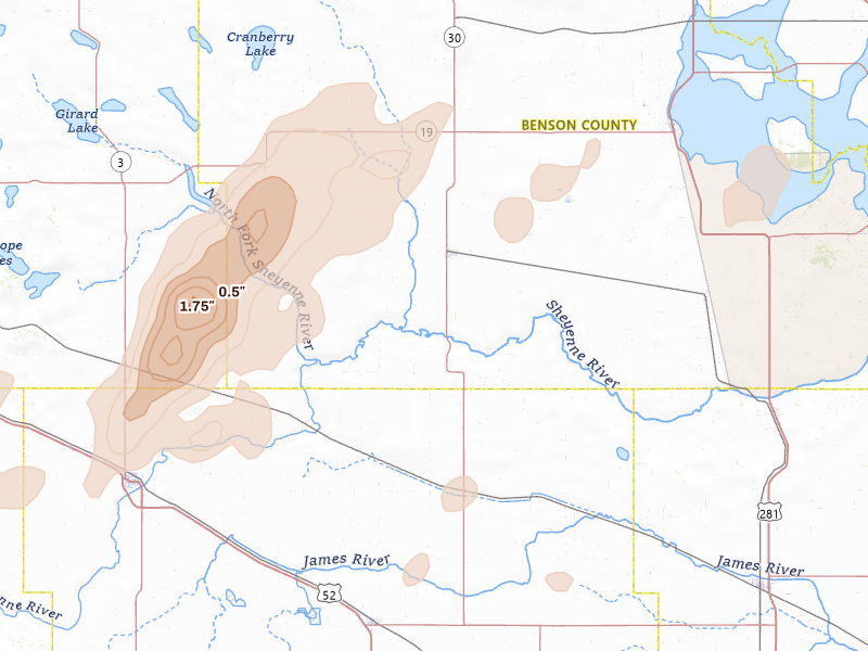 Radar-estimated hail-size map of the storm over Maddock, ND